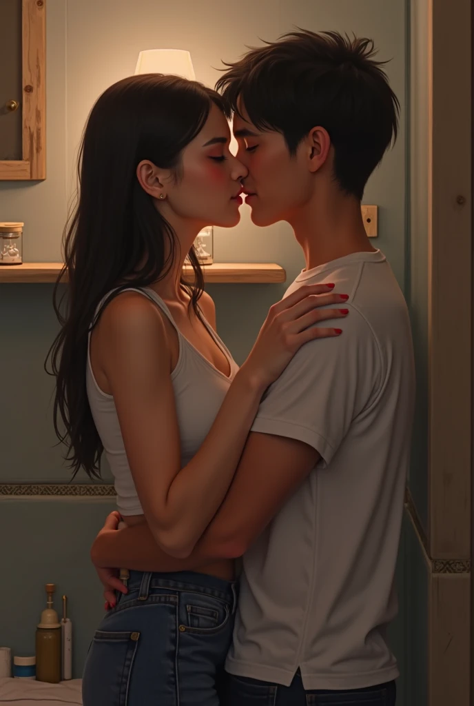 A photo of a man giving a back hug to a casually dressed Japanese woman in a room
