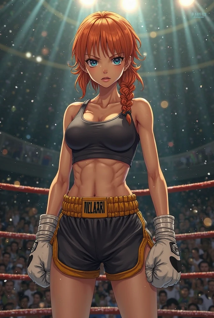 girl, red hair, short hair, medium hair, yellow eyes, athletic body, cleavage, muscular, white tank top, smilling, sure, fighter, gloves, brown skintone, thick brows, ahoge, white cotton panties, messy hair, tanned skin, boxing ring