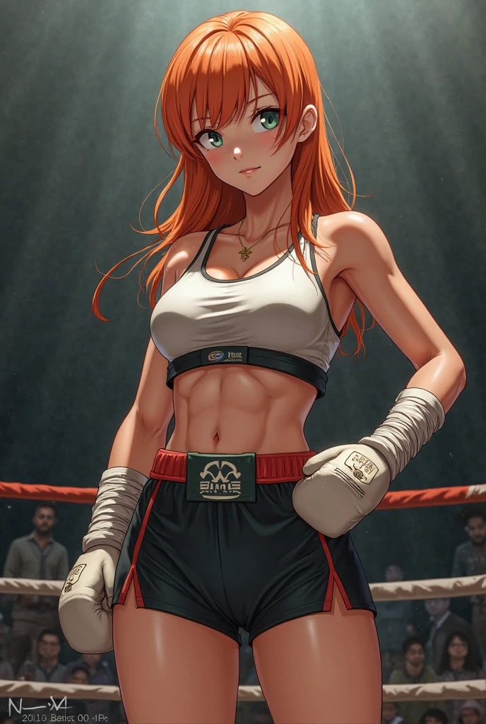 with long red hair, eyes browns, fighting kickboxing in anime version, pretty.