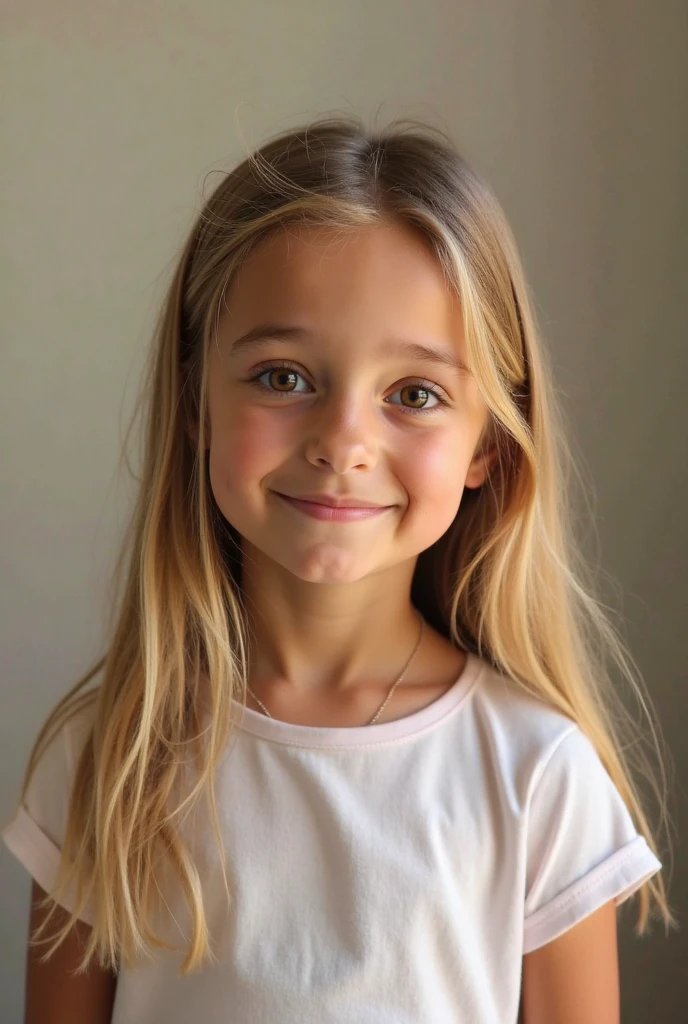 A beautiful 8 year old girl with long straight bright blonde hair, her face is cute, her eyes are striking blue. your dress and white white background image professional ultra hd image