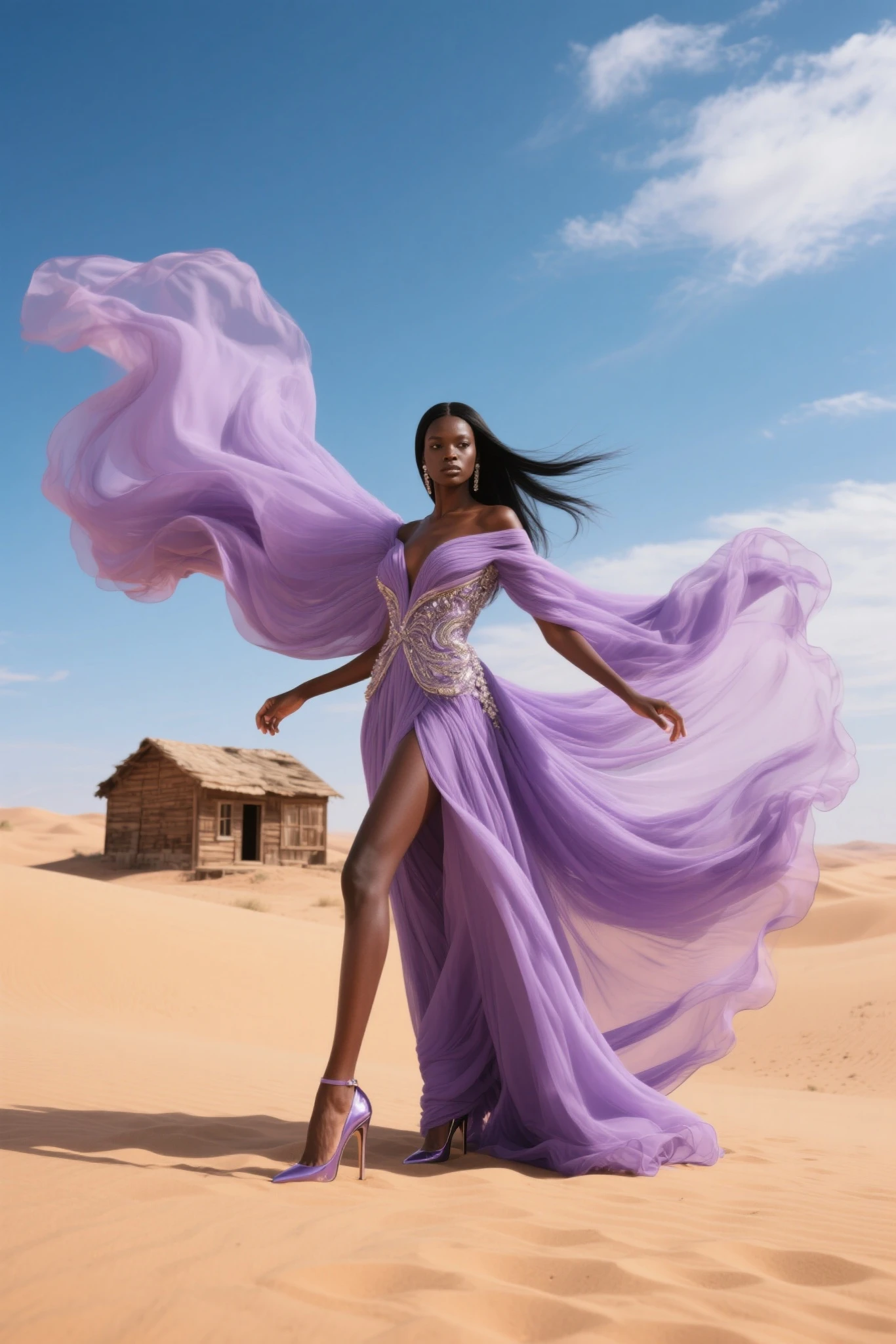 lindo nascer do sol, beautiful morning, Natureza, deserto, with Abaporu sitting with a high heel on his foot, o rosto de uma mulher de cabelo preto e geande
