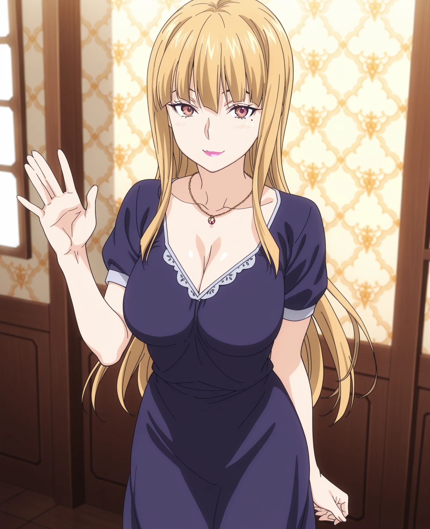 best quality, masterpiece, highres, solo, {oriana_thomson_toarumajutsunoindex:1.15}, blonde_hair, long_hair, drill_hair, blue_eyes, hair_over_one_eye, breasts, smile, large_breasts, 1girl, cleavage, open_clothes, open_shirt, shirt, sleeves_rolled_up