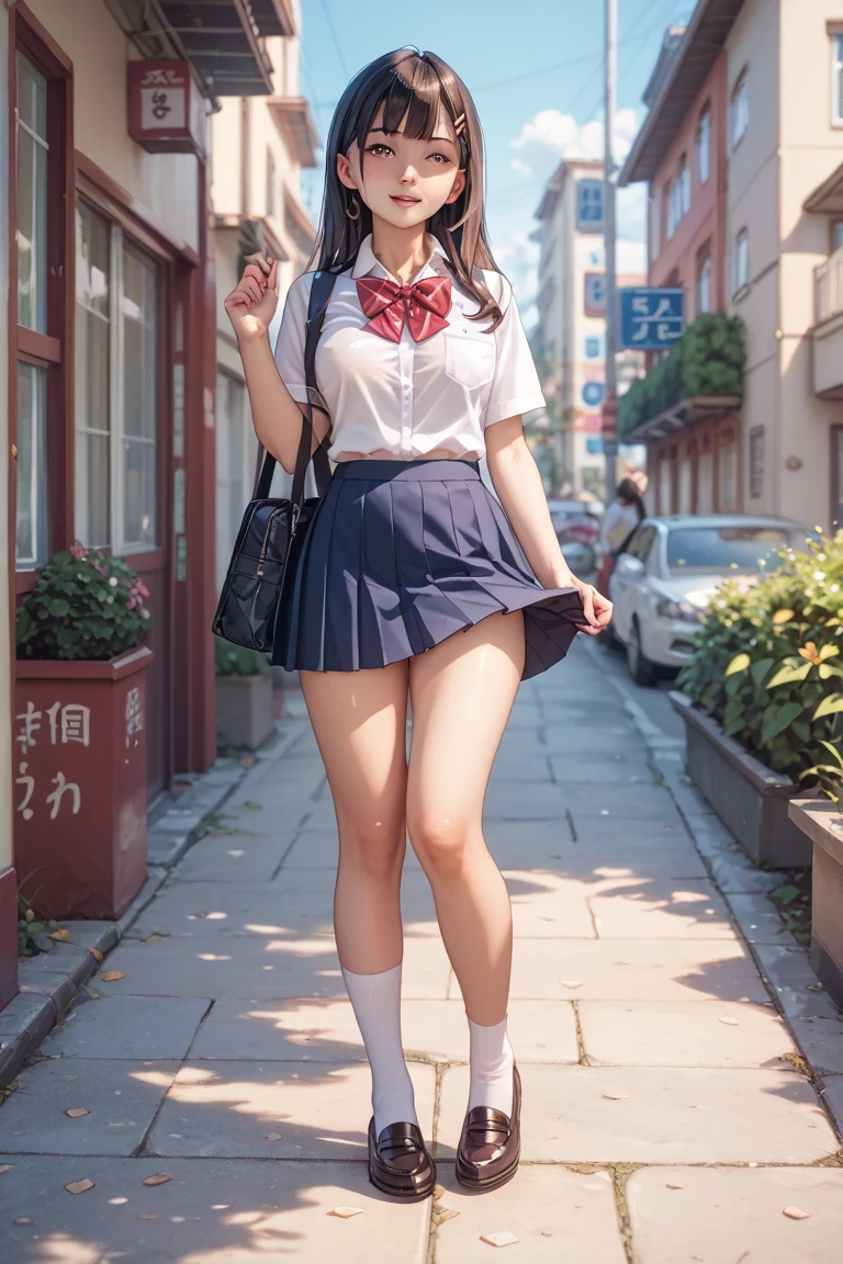 wear Japanese school uniform,wear a sailor、wear a pleated skirt、(show panties)、 ponytail, japanese girl, 8K, huge breasts, highest quality, masterpiece, realistic, Photorealistic super detail, one girl, cute, best smile, beautiful eyes, long hair, perfect face,full body shot