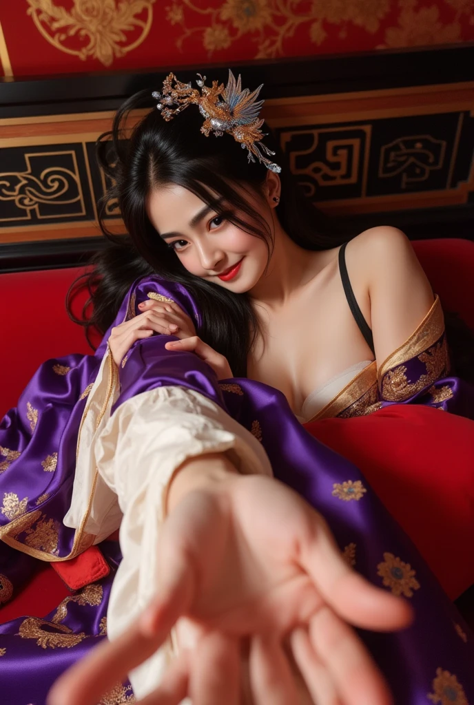 Diffuse lighting、 Highest quality, High resolution, unity 8k wallpaper、Supersaturation, Colorful, 8k解像度, 1 female、Japanese、23 years old、Close-up portrait、Red silk underwear，smile、Mature、Adult women、whole body、midnight、Sitting on a bed covered with flower petals、Sitting on the floor、Fantasy、mysterious、Woman with a Fan, onmyoji, onmyoji detailed art, onmyoji portrait,  4K, 8k,  Vibrant, Splash Art , Onmyoji、Spirit medium、
