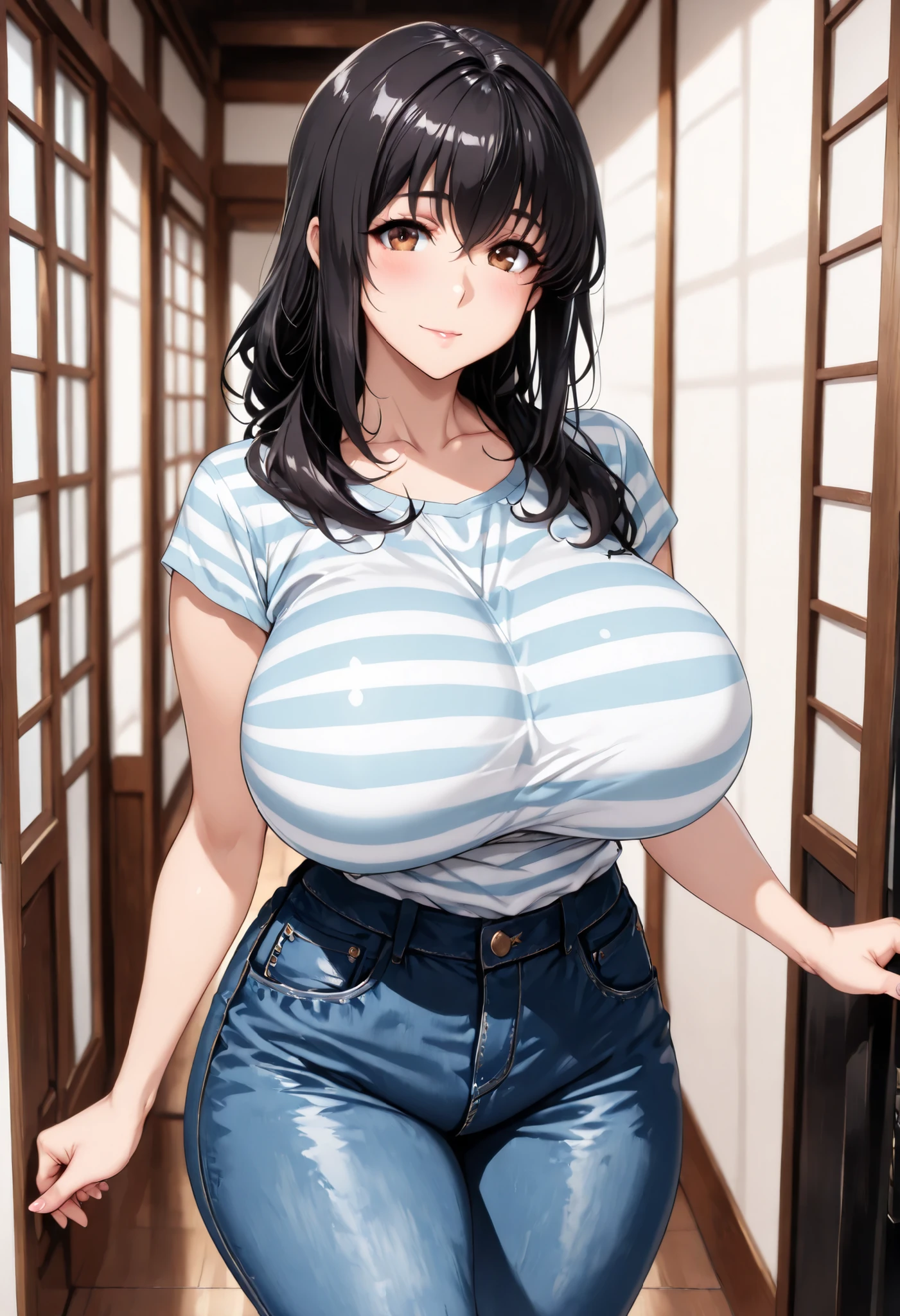 yor briar, 1girl, backlighting, bare shoulders, black hair, breasts, huge breasts, huge ass, huge thighs, narrow waist, wide hips, thick thighs, curvy, cleavage, closed mouth, earrings, floating hair, f gold earrings, gold hairband, hair flower, hair ornament, hairband,  long hair, looking at viewer, naked overalls, collar,blushing,sweating, (breathing hard), (panting), anime, farm, smile, red eyes,  short hair with long locks, sidelocks, solo, ((masterpiece))