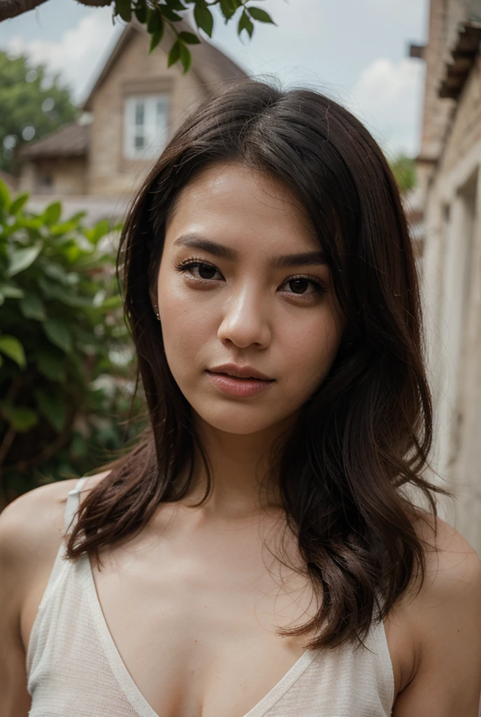 Highest quality, masterpiece, Ultra-high resolution, (Realistic:1.4), RAW Photos, 1 person, Black Hair,Twin tails, Glowing Skin, Sweaty body, Dramatic lighting, whole body, Female dog, Tank top, Huge breasts,Nipples,smile,Sweaty