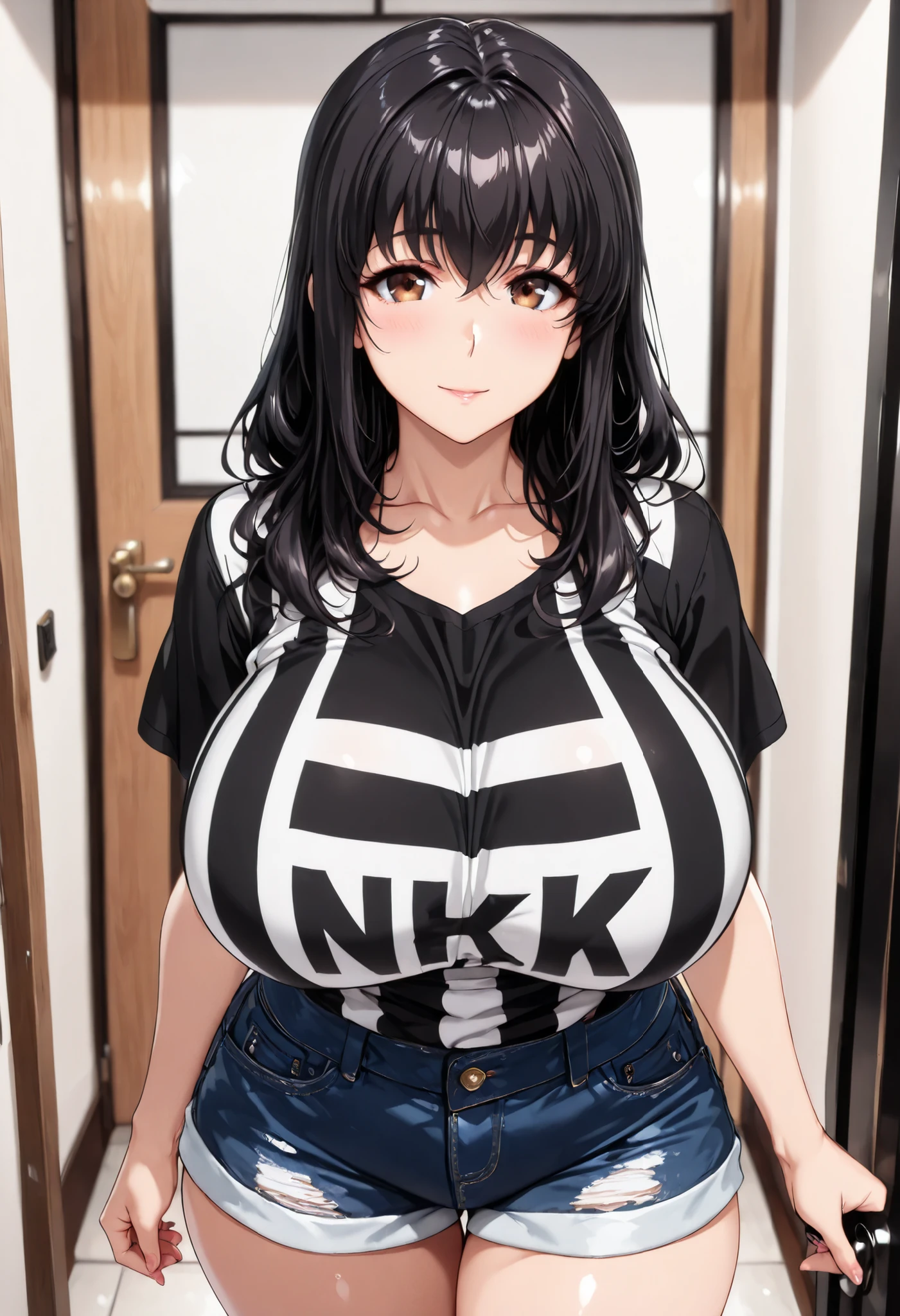 Japanese woman with black hair and black eyes. She has a thight withe top and a short black skirt. She has a beutefull face.She is about 40 years old. She is a school teacher.She is a milf. She has big full breasts and a plump ass. She is bending forward and you can see her black panties underneath