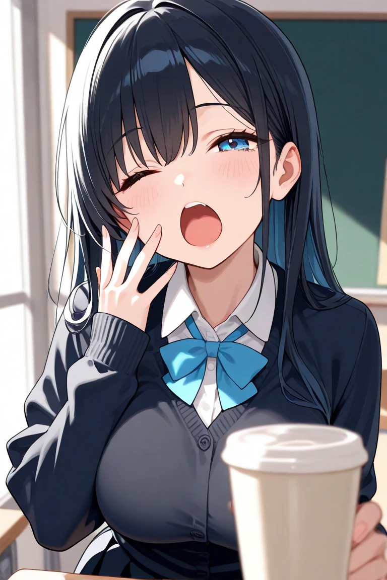 looking ahead,from above,slouch,handjob,side view,face focus,open mouth,tongue out,cum on tongue,Licking a white dildo,(1girl,Beautiful 14 year old girl),((Slender,Small breasts,Baby Face,Small face,)),looking at viewer,Black Hair,bangs,two side up,Gray Eyes,Drooping eyes,slit pupils,narrow eyes,,Short sleeve shirt,Grey checked tie,Grey checked mini skirt,Navy blue socks,Beautiful and detailed anime art,Mischievous smile,Dimly lit room,Simple Background,Gray background,Low lighting
