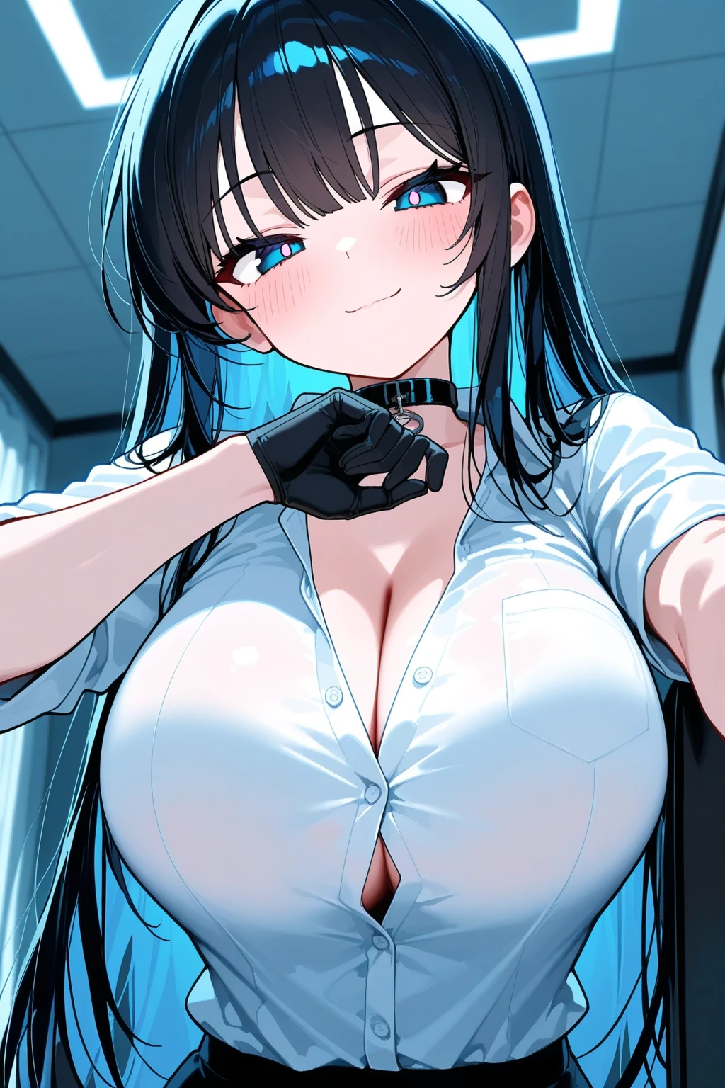 ((masuter piece:1.5)),((Finest quality)),(super precision),8k picture,Top quality anime,Highest level of resolution,sharpnes,Clear,Modern society:1.4,((perfect anatomia:1.5)),(Perfect depiction, Unbroken body:1.5),Detailed down to the smallest detail,Phenomenal depiction,((1womanl),(Lustrous black hair)),(Beautiful and neat face),((beautiful shiny black eyes),huge tit,Slim body,pretty skin,(A slight smil),(white t-shirts,Clocktop:1.1)