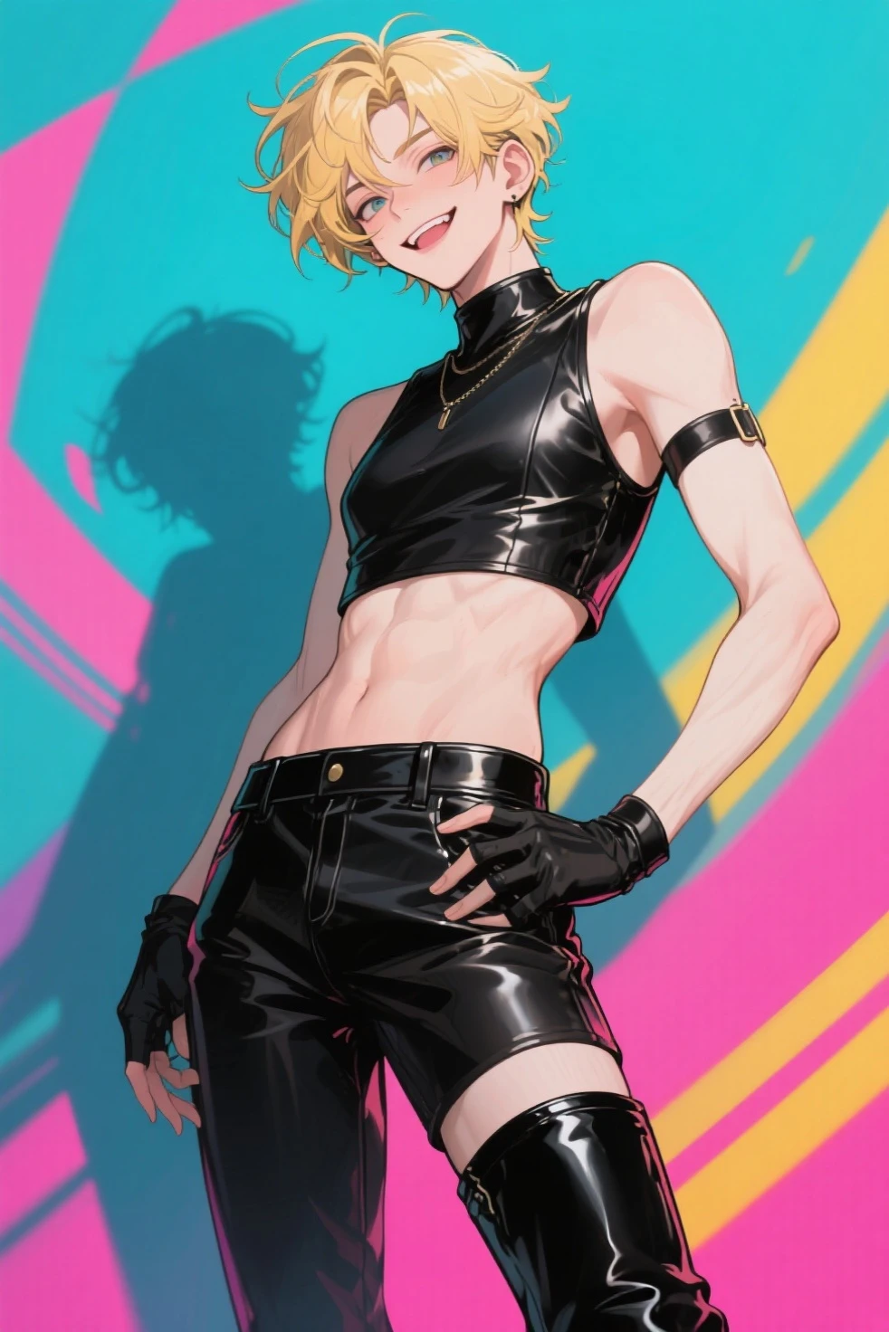 ((8K:1.2),masterpiece, Highest quality, Ultra-high resolution:1.25), beautiful boy anime face, Sweating, no muscular body, 16 old a boy, high school student boy, face and body emphasis, (gay anime hentai), tall boy, no underwear, bedroom alone, sexy pose, Blushing, smile face, (shirtless body), short hair, black eyes, (sexy leather shorts:1.2), high leg string, want sex, prostitute boy, full body, crotch emphasis, crotch touching, 