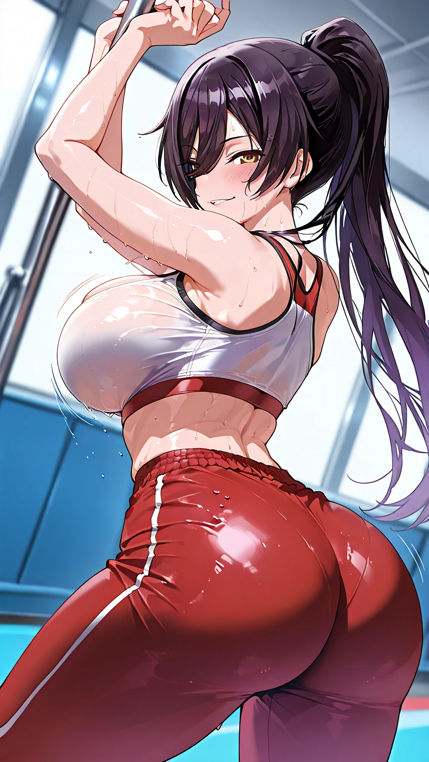 masterpiece, highest quality, (Highly detailed CG Unity 8k wallpaper), (highest quality), (Best illustrations), (Best Shadow), Confused, Realistic lighting, (abyss), Beautiful and delicate shine,Random Pause,((Bare skin wet with sweat,Female professional wrestler)),Cute freckles on the cheeks,Mole under left eye, Sunburn mark, Japanese Model, Young sensual gravure idol, A real young gravure idol, A woman who is shy when the camera is pointed at her,赤くなったSunburn mark,Embarrassing,avert your eyes,Attractive buttocks,Cowboy Shot,Hair wet with sweat,Looking back,Beautiful spine,Play Romero Special,