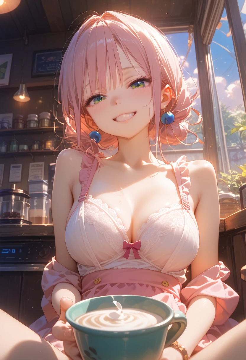 1 girl, alone, Nakano Nino, pink hair, butterfly hair ornament, (naked:1.3), (white apron), big breasts, cleavage, thighs, Cafe background, (blush:1.3),Ahegao