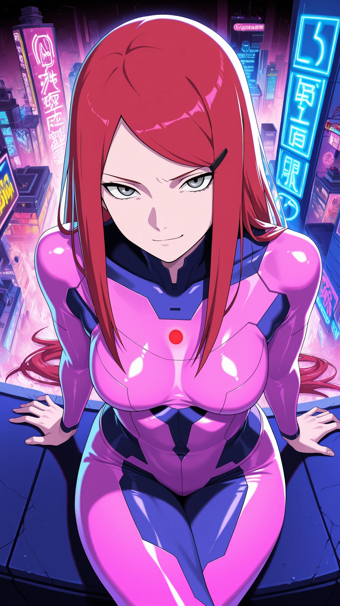 ,BREAK (masterpiece:1.2), best quality, high resolution, unity 8k wallpaper, (illustration:0.8), ultra-detailed cyberpunk city, massive neon explosion in the sky, glass skyscrapers glowing in toxic pinks, greens, purples, neon signs everywhere, streets reflecting the chaos of color, oversaturated hues, vibrant reflections, cinematic lighting, surreal color burst, intense atmosphere, 8k, masterpiece, synthwave tones, nightscape, kushina, long hair, hair ornament, red hair, hairclip, grey eyes, swept bangs, medium breasts, tight glossy pink bodysuit with deep neckline and neon trims, translucent fabric accents flowing from her waist, glowing medical symbol on her back, confident smirk,looking at viewer,cowboy shot,wide-angel,sexy pose,transparent coat,sitting cross legs,from above,serious face,