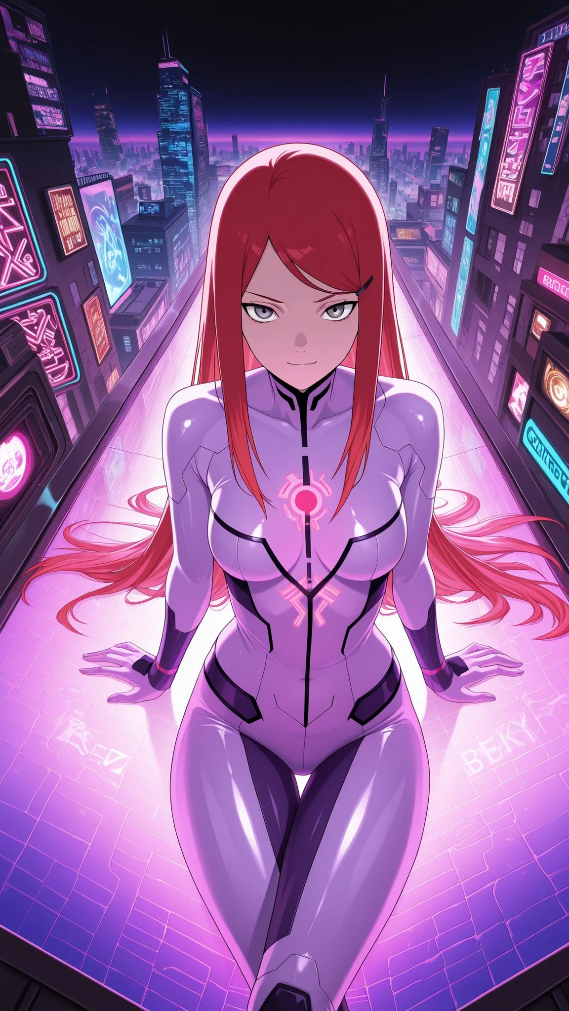 ,BREAK (masterpiece:1.2), best quality, high resolution, unity 8k wallpaper, (illustration:0.8), ultra-detailed cyberpunk city, massive neon explosion in the sky, glass skyscrapers glowing in toxic pinks, greens, purples, neon signs everywhere, streets reflecting the chaos of color, oversaturated hues, vibrant reflections, cinematic lighting, surreal color burst, intense atmosphere, 8k, masterpiece, synthwave tones, nightscape, kushina, long hair, hair ornament, red hair, hairclip, grey eyes, swept bangs, medium breasts, tight glossy pink bodysuit with deep neckline and neon trims, translucent fabric accents flowing from her waist, glowing medical symbol on her back, confident smirk,looking at viewer,cowboy shot,wide-angel,sexy pose,transparent coat,sitting cross legs,from above,serious face,