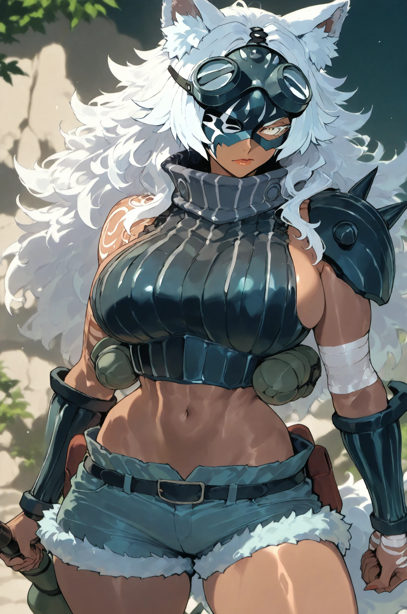 (athletic muscular body), {{{(((african american)))}}}, {{{((( (glossy) (smooth) ((dark brown skin)) )))}}}, (((pro wrestler))), (((kunoichi))), {{{(((24-year-old)))}}},  {{{(((young woman)))}}}, (((tomboy))), (((stoic))), (((bored))), (((emotionless))), (((wolflike))), ( (messy) (curly) (((long))) (dark mint green hair) ), (big intense (silver eyes) ), (small breasts), toned abs, {{{(((strong leg muscles)))}}}, toned biceps, toned forearms, toned deltoids, toned triceps, toned erector spinae, toned rhomboids, toned hamstring muscles, firm muscular glutes ,{{{(((strong back muscles)))}}}, (((thick muscular trapezius))), (((big muscular latissimus))), toned quadriceps, toned gastrocnemius, toned soleus, amazing ass, (((character wearing a (skintight long sleeve (brown with some gray) ( fur pelt bodysuit) ) ))), (((knee pads))), (((fingerless gloves))), (((combat boots))), {{{(((lush fantasy ancient forest (village) )))}}}, {{{(((standing on the roof of a house )))}}}, {{{(((great anatomy)))}}}, {{{(((high muscle mass)))}}}, {{{(((well-trained muscles)))}}}, {{{(((well-toned muscles)))}}}, {{{(((best quality)))}}},  {{{(((masterpiece)))}}}, {{{(((wide shot)))}}}, {{{(((90s anime)))}}} 