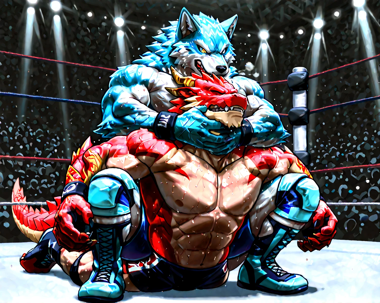Super muscular boar beastman,(Wear a uniform:1.2),Blindfold,Mouth open and tongue out,Some guy cums in my face,(Surrounded by huge, red and black erect penises:1.2),(A large amount of semen all over the face:1.3),Pro wrestling,scrotum,Black nipples,lick,Massive ,Anal Sex,Standing doggy style