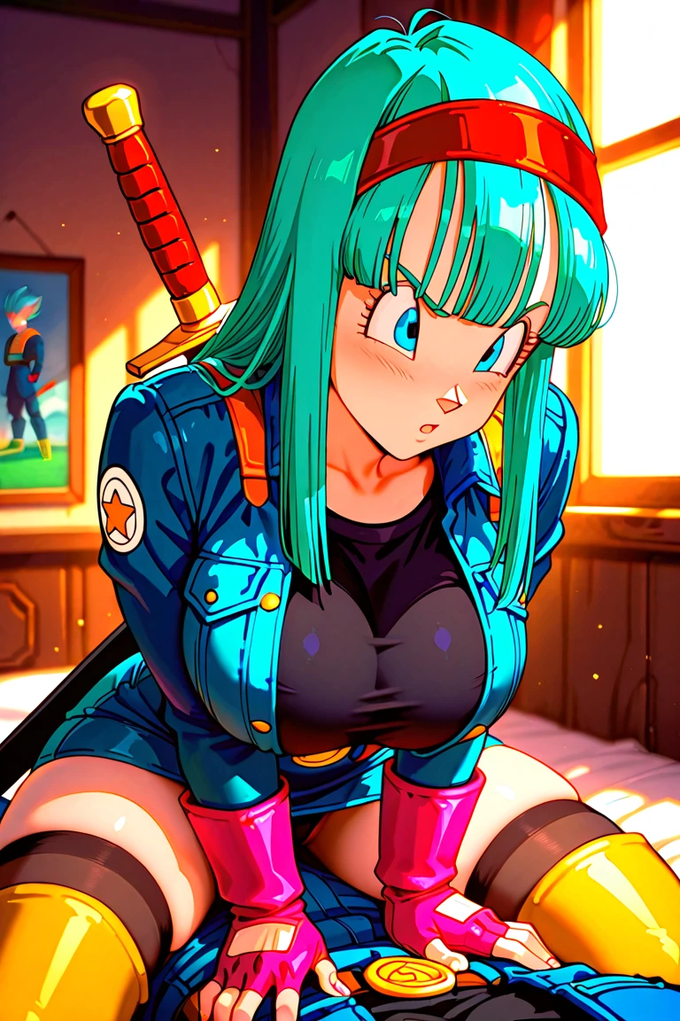 ultra detailed, masterpiece, best quality, solo, soft smile, light smile, Bulla, Dragon Ball,
long hair, aqua hairbangs, collarbonebridal gauntlets, eyelashes, hoop earrings, eyebrows,miniskirt,hairband, red hairband, earrings, blue eyes,elbow gloves, red gloves, fingerless gloves, crop top, red topwear, midriff, yellow belt, skirt, red skirt, big breast, big ass,confused face expresion, sin imperfecciones, dibujo perfecto, masive breast,red clothes, masive ass,