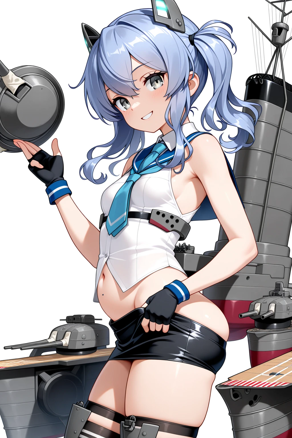(masterpiece), (best quality), (ultra-detailed), photorealistic, (best illustration), (an extremely delicate and beautiful), 1girl, solo, finely detailed iris, 1girl, solo, outdoor stage, white shirt, sleeveless shirt, blue necktie, sailor collar, black skirt, pencil skirt, (only right arm with elbow glove:1.5), fingerless gloves, black gloves, headgear, navel, ribbon, (27), <lora:Langley-v0.1:1:MIDD>, cowboy shot, anchor, ((finger gun)), pointing at viewer, one eye closed, foreshortening, :d, blue ribbon belt, feet out of frame
