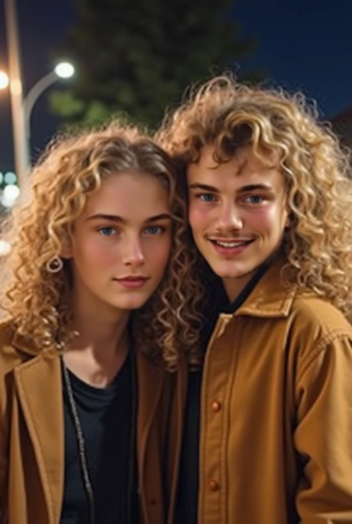 A white woman blonde curly hair with freckles, green eyes and short stature embraced by a tall and thin brunette man with brown hair, blue eyes, thin but very attractive