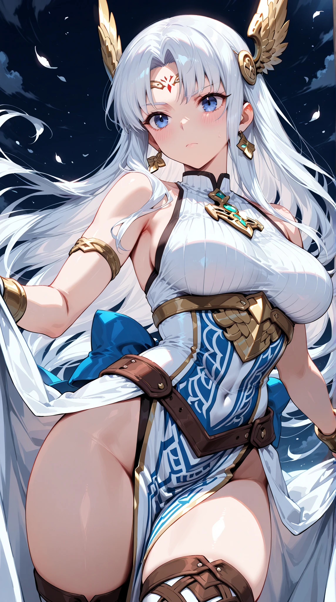 Highest quality, masterpiece, Ultra-high resolution, female、獣族のfemale王、Big Super Boobs、Tied waist、White skin、Snow Fox Beastman、Kemomimi、tail、single、Clothing that accentuates the contours of the body、Short skirt、valley、fascinate、Hands on hips、Confident