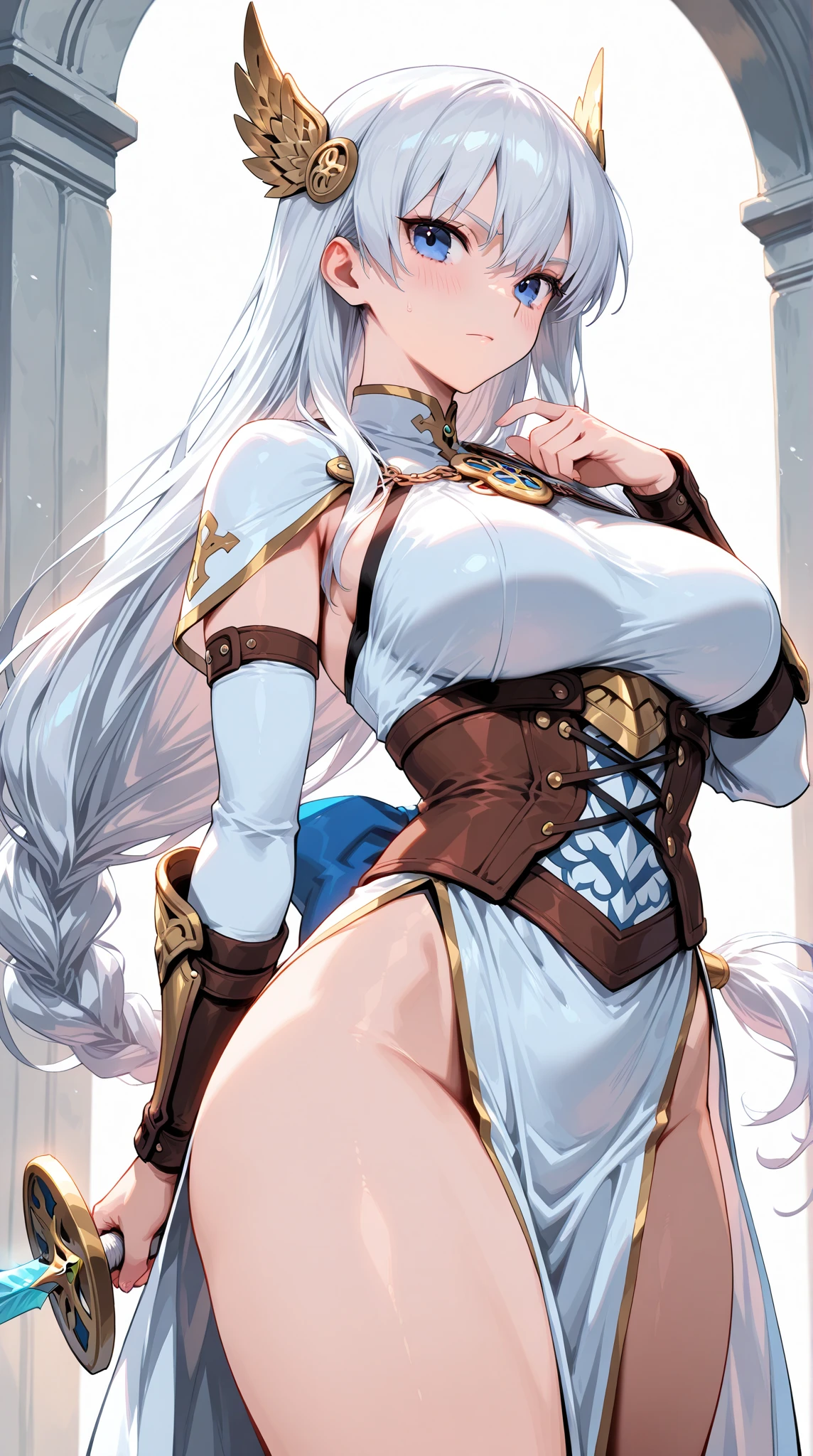 Super detailed、highest quality、best image quality、masterpiece、8K、shining blue eyes、anime face、gentle smile、blonde curly hair、(SFW huge body)、(((Rear view)))、cowboy shot、Wearing a white thong、Muscles of the whole body、horn