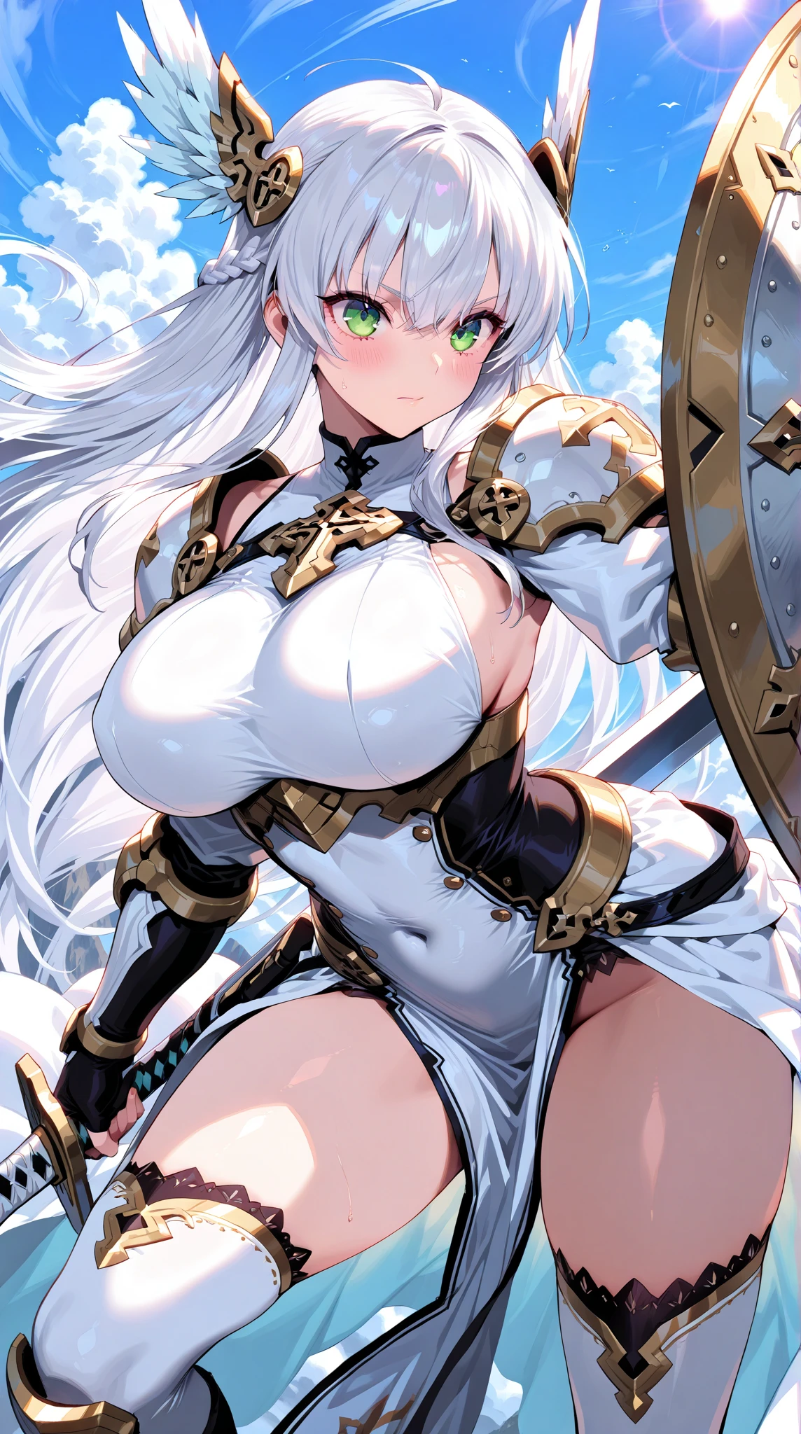 masterpiece, best quality, 4K picture quality, 1girl, forest, white hair, long hair, golden eyes, cute, blushing, horny, (silver and gold knight armor:1.2), skirt, thigh highs, (curvy, slim waist, gigantic breasts, bursting breasts, bottomheavy, gigantic ass, insanely wide hips, gigantic thighs:1.1)