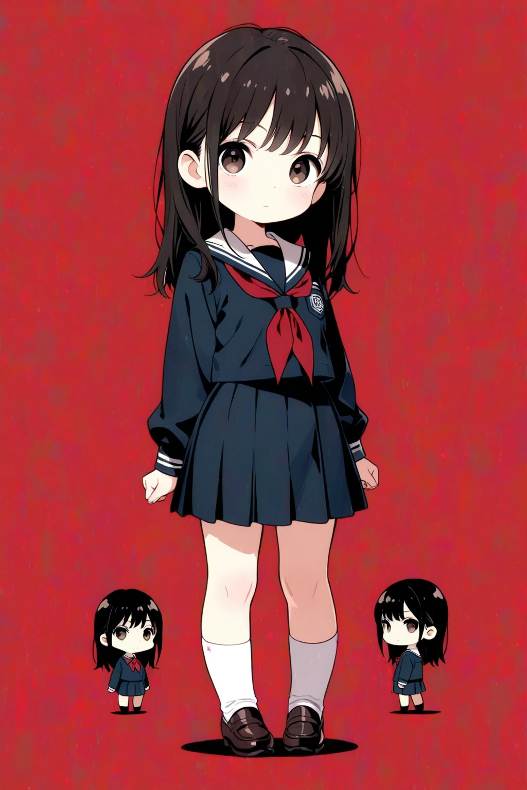 Hajime Ueda style　girl　Primary school students　Young Girl　小さいgirl　Height: 130cm　Standing picture Simple design　one piece　Short hair　Hair is black　Red eyes