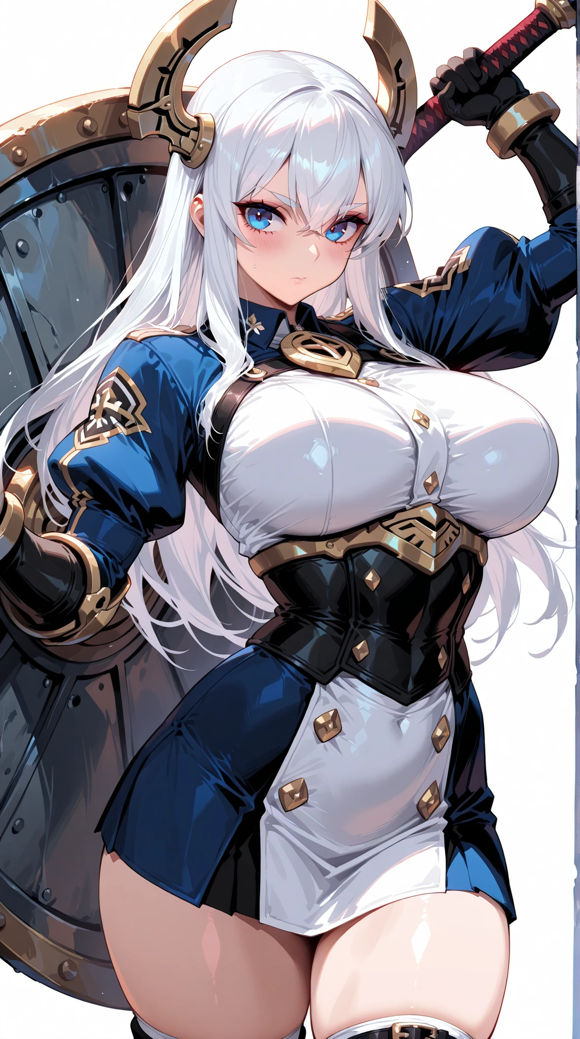 1girl, white hair, large breasts, thick thighs, leotard, knife, red eyes, black leotard, epaulettes, mature female, milf, toned, athletic female, standing