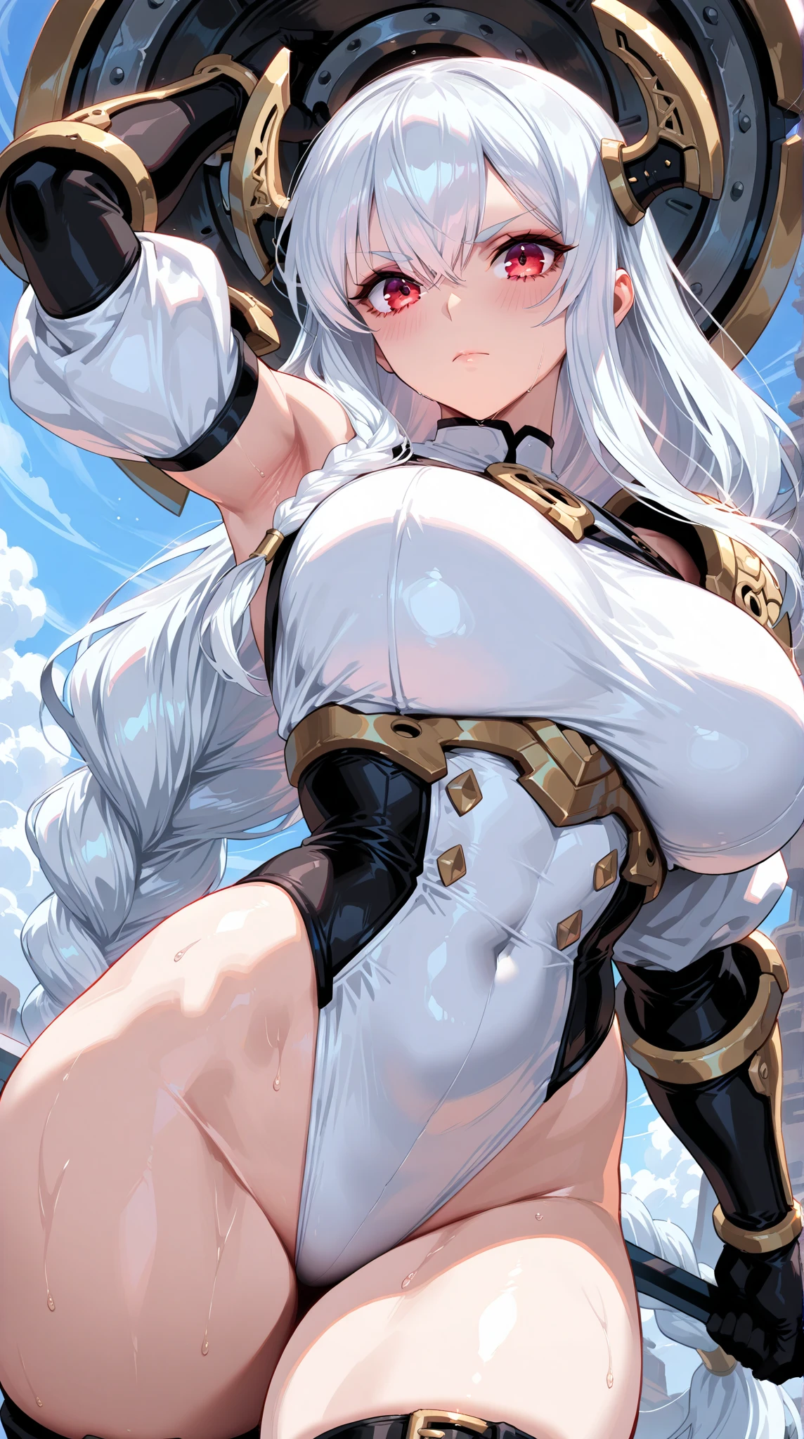 Very detailed、highest quality、Best image quality、masterpiece、8k、Sparkling blue eyes、Anime Face、A kind smile、Open your mouth、Big Breasts、Long blonde curly hair、(SFW Giant)、Cowboy Shot、(White Thong:1.5)、(Muscles of the whole body)、Horn、Professionally、nude、NSFW
