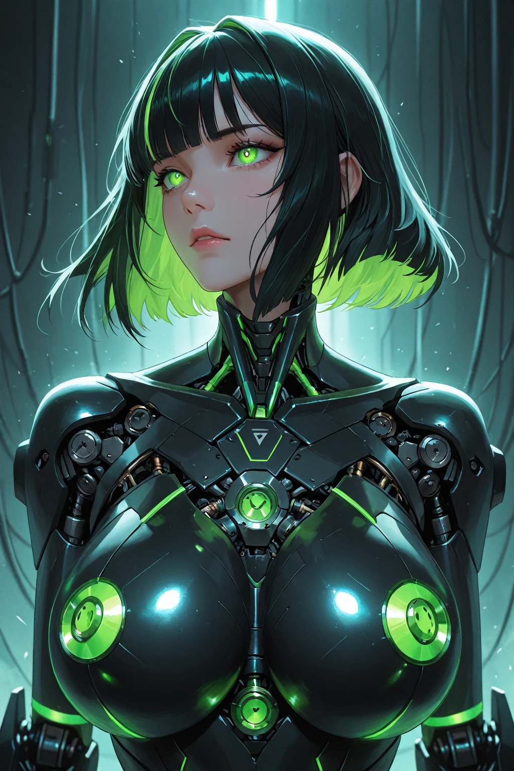 girl,1girl,
(large breasts:1.5),((((black hair, twin tail hair)))),(((Glowing_green_eyes:1.3))),intricate eyes,beautiful detailed eyes,symmetrical eyes,((((dark skin:1.5,lustrous skin:1.5,bright skin: 1.5,shiny skin,very shiny skin,shiny body)))),(spider lower abdomen,narrow waist,wide hip,athletic body,inflated legs,thick thighs),(((detailed face))),beautiful detailed lips,Highlighted feminine curves,athletic build,
cute,slutty,sensual,seductive look,seductive,((erotic)),opulent,sumptuous,(((nsfw))),
((Augmented cyborg, metallic exoskeleton, Chameleon motif, a girl fused with a chameleon)),'((fluorescent green skin)), ((Chameleon camouflage)),(blending into the landscape), ((A mirror exoskeleton)), (She's an assassin), ((her body looks transparent)),(((Transparent Body))), (((Predator Camouflage))),
(dynamic poses),looking at viewer,evil smile,centered,scale to fit dimensions,Rule of thirds,
((((many fireflies,fireflies,glowing fireflies,fireflies in the background)))),
outdoors,overgrown,(overgrown background,glowing crystals,bioluminescent plant),scenery,extremely scenery,(((glowing crystals,bioluminescent plants))),(puddles everywhere,moss,moss on the background),clouds,lily pads,palms,reeds,(sunset, golden hour),
(Glossy assassin ornaments),highres,sharp focus,(ultra detailed,extremely detailed),(photorealistic artwork:1.37),(extremely detailed CG unity 8k wallpaper),(((vibrant colors,vibrant theme))),(intricate),(masterpiece),(best quality),artistic photography,(photography taken by sldr),(intricate background),perfect rendered face,perfect face details,realistic face,photo realistic,((intricate detail)),(((realism))),