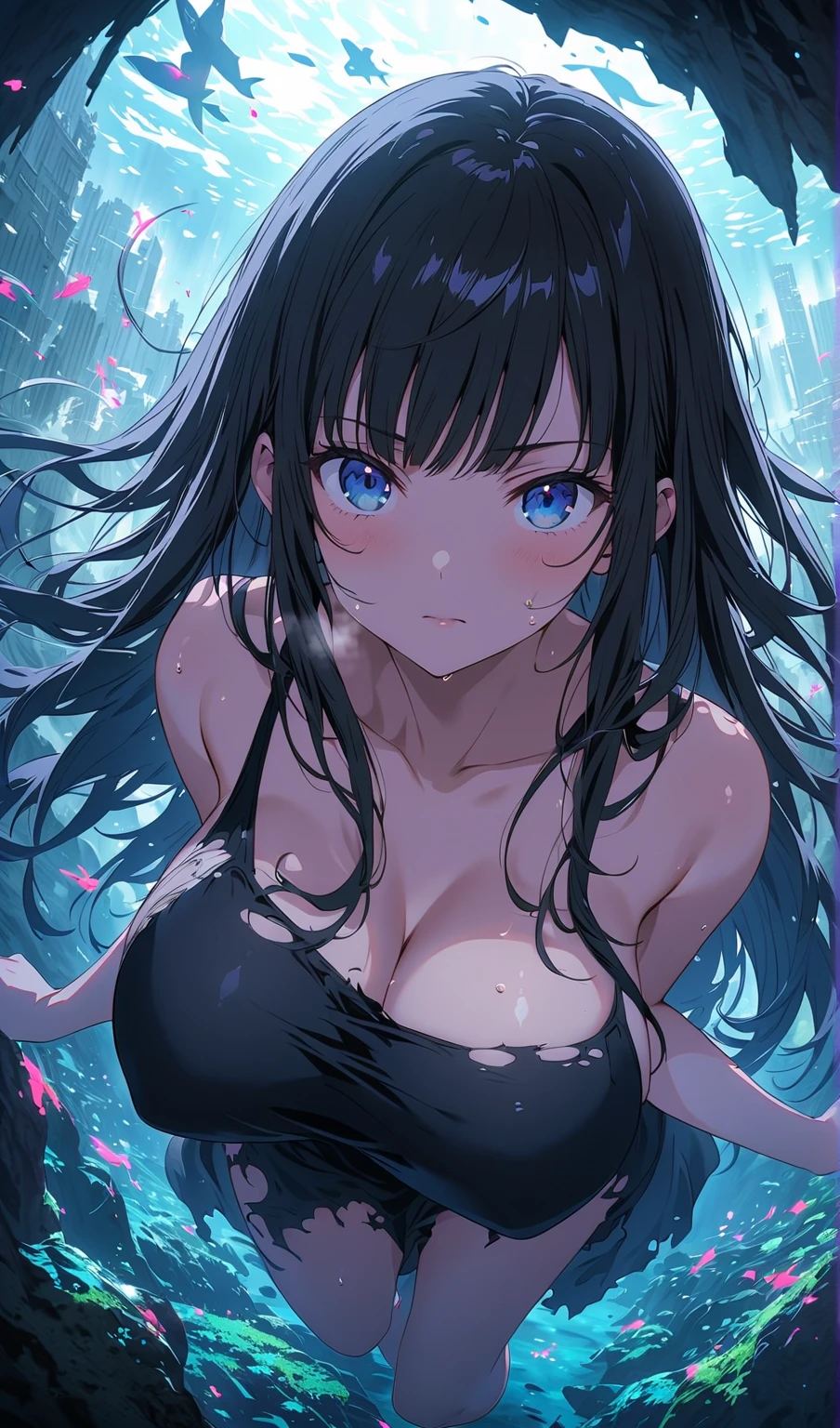 (masterpiece), best quality, expressive eyes, perfect face, Girl,long dark iridescent hair, iridescent eyes, small waist, small , large thighs,gym clothes