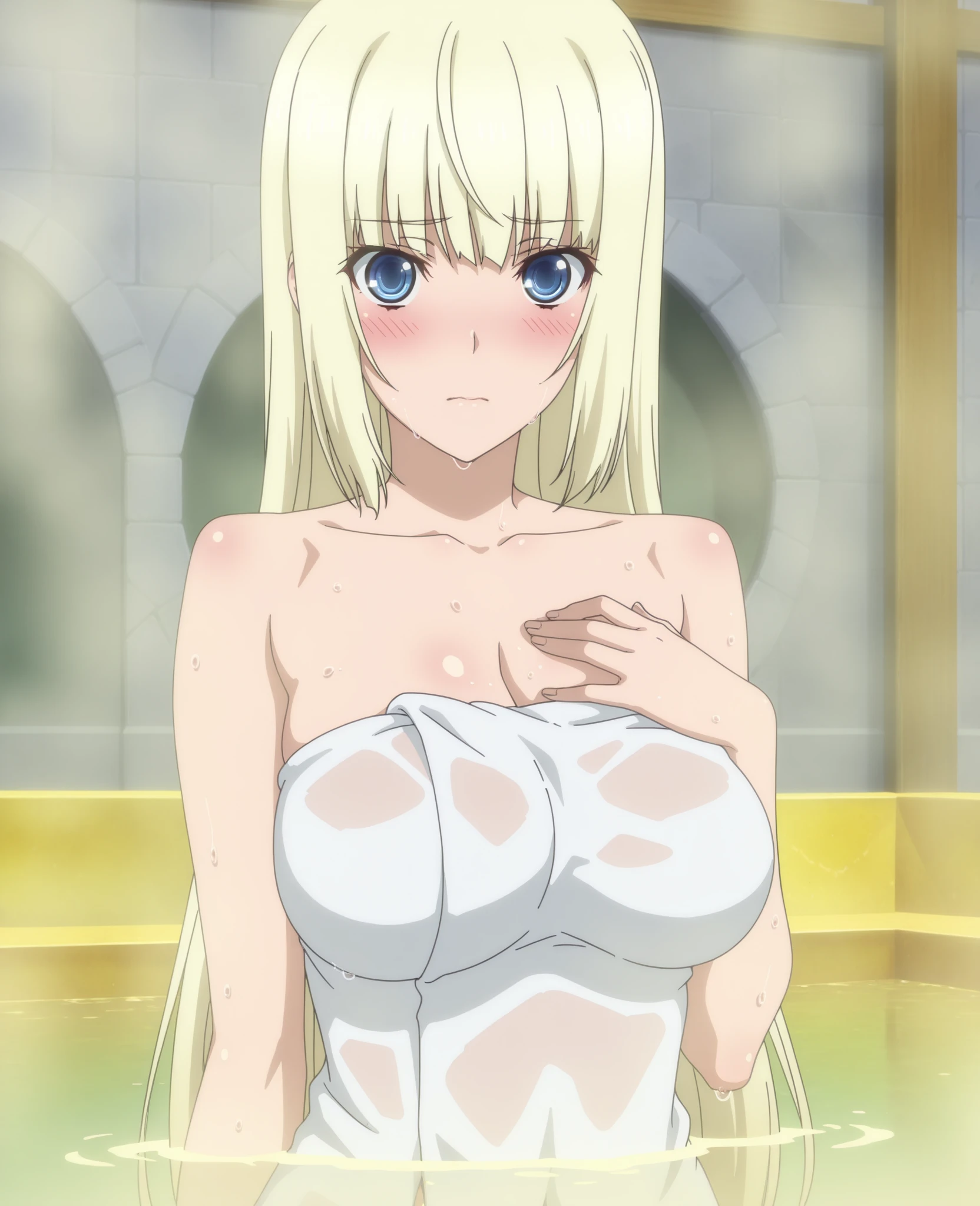 (masutepiece, Best Quality, High resolution:1.5, anime colours, megami magazine:1.2, anime poster style, anime keyvisual, sharp, 8k, photorealistic), (POV, 1boy, paizuri, breast squeeze, nsfw), (beautiful eyes:1.5, beautiful face), Alice Zuberg, 1girl, blush, (white headband), (blond Long Hair, hair braid), (large breasts), (nude, nipples), upper body, (Perfect detailed Anatomy, beautiful detailed hair, perfect detailed body:1.2, shiny skin), (thick outline, Beautiful outlines, black outlines), simple background