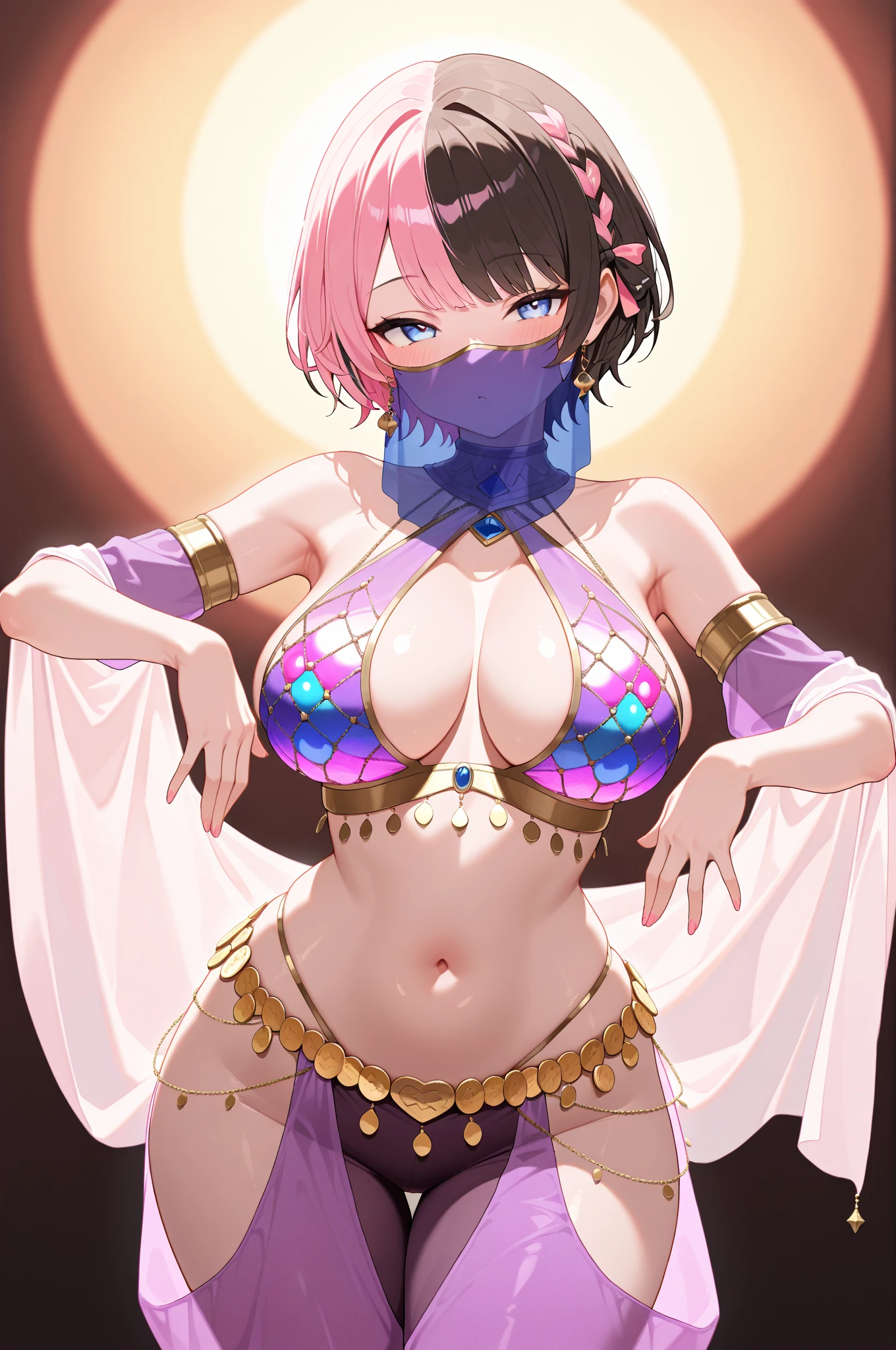 (nsfw:1.5),(best quality,4k,8k,highres,masterpiece:1.2),ultra-detailed,(realistic,photorealistic,photo-realistic:1.37),acrylic painting,(beautiful Arab model with naked breasts:1.5),beautiful Arab model with extremely colorful hair and detailed facial features,(beautiful Arab model wearing a large colorful waist corset:1.5),beautiful Arab model standing in a beautiful garden surrounded by a starry sky,(beautiful Arab model with a colorful aroused naked pussy:1.5),beautiful Arab model with intricate accessories and a matching hat,beautiful Arab model posing gracefully with her hands on her hips,beautiful Arab model with long flowing twintails,beautiful Arab model with bright blue eyes and rosy lips,beautiful Arab model with a joyful expression,beautiful Arab model in a dynamic pose with cherry blossoms falling around her,beautiful Arab model surrounded by colorful flowers and butterflies,beautiful Arab model adorned with cute bows and lace details,beautiful Arab model with a beautiful smile,beautiful Arab model with soft, pastel-colored shading,beautiful Arab model with a magical glow illuminating her,beautiful Arab model in a picturesque setting with a winding path leading to a magnificent castle,beautiful Arab model with a fairytale-like background,beautiful Arab model with a soft, dreamy atmosphere,beautiful Arab model with a subtle bokeh effect,beautiful Arab model standing under a moonlit sky,beautiful Arab model with a warm, golden sunset in the background,beautiful Arab model surrounded by twinkling stars and colorful nebulae,creating an ethereal and captivating artistic masterpiece. 