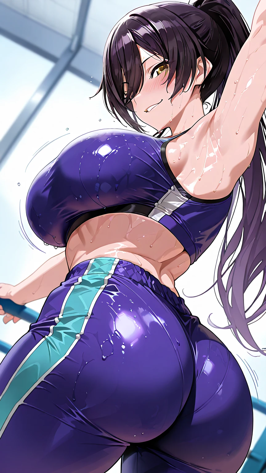 ((Perfect body,))((Super beautiful,))((High quality,))gigantic breast,((sportswear,))A beautiful girl with her back turned and her butt sticking out, turning around and glaring at me,She is sweaty and wet all over, breathing heavily, steaming,short ponytail hair,(sports Warehouse),