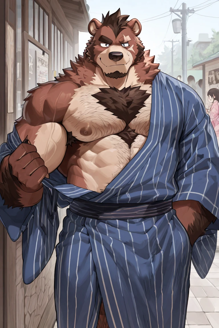 Bear, By Haps 1boy, abs, animal ears, bara, bulge, full body, white background, Seminude, Kimono, side, Standing, feet, coffe cup