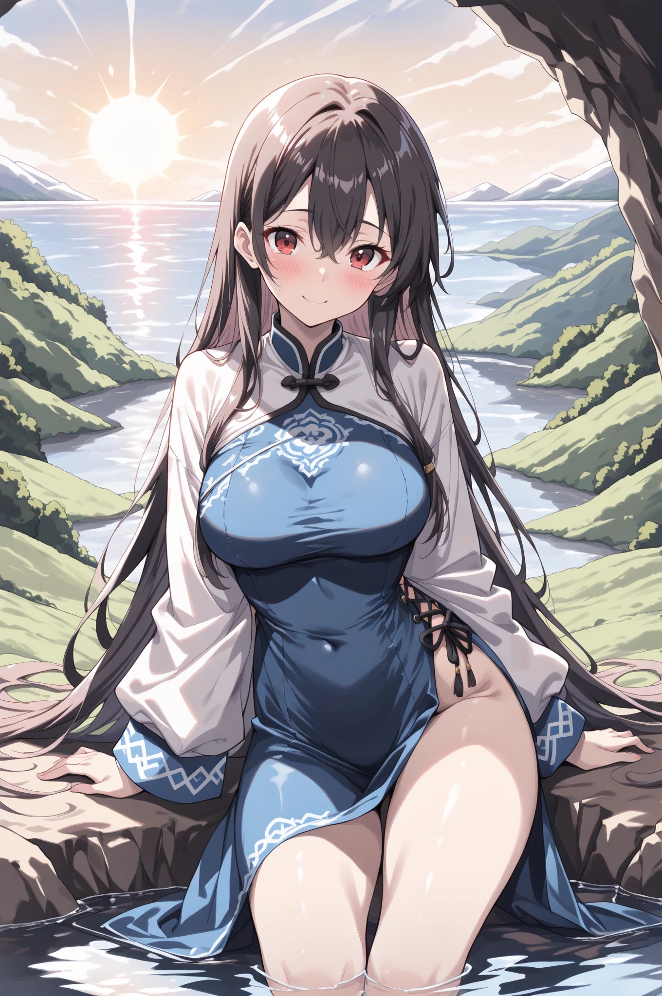 {{masterpiece, best quality, Extremely detailed CG, Unity 8K wallpaper, Movie Lighting}}, Traditional Chinese ink painting, 1 Girl, 1 baby, Young woman holding a baby, whole body, Ancient buildings, Blue sky, sunny, Wooden construction, Prominent protagonist, Smile, big eyes, Beautiful and delicate eyes, (Large Breasts, cleveage), Round butt, Looking at the audience, Long eyelashes,