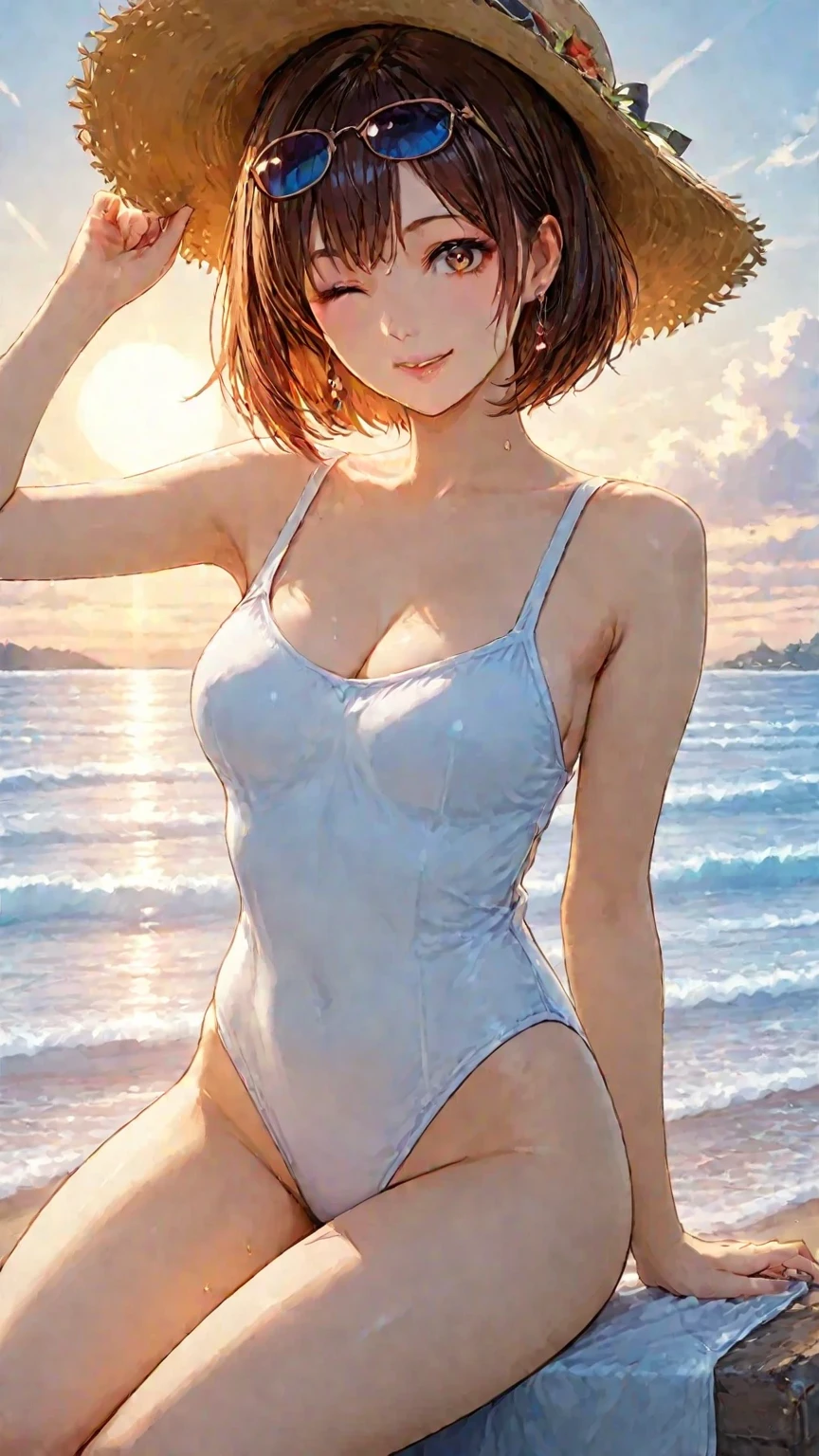 (masterpiece:1.2, highest quality), (realistic, photorealistic:1.4), beautiful illustrations, (natural side lighting, movie lighting), looking at the viewer, Upper body, (Front view), 1 girl, perfect face, Cute symmetrical face, shiny skin, baby face, long eyelash, (large breasts:0.3), (wide hips),beautiful hair, beautiful face, detailed and beautiful eyes, beautiful body, beautiful breasts, beautiful thighs, beautiful feet, beautiful fingers,(beautiful scenery),(cute smile:1.2, upper eye),Beautiful girl,one-piece swimwear,white swimwear,sea side,(camel toe:1.1),short hair,buzz cut,blonde hair,