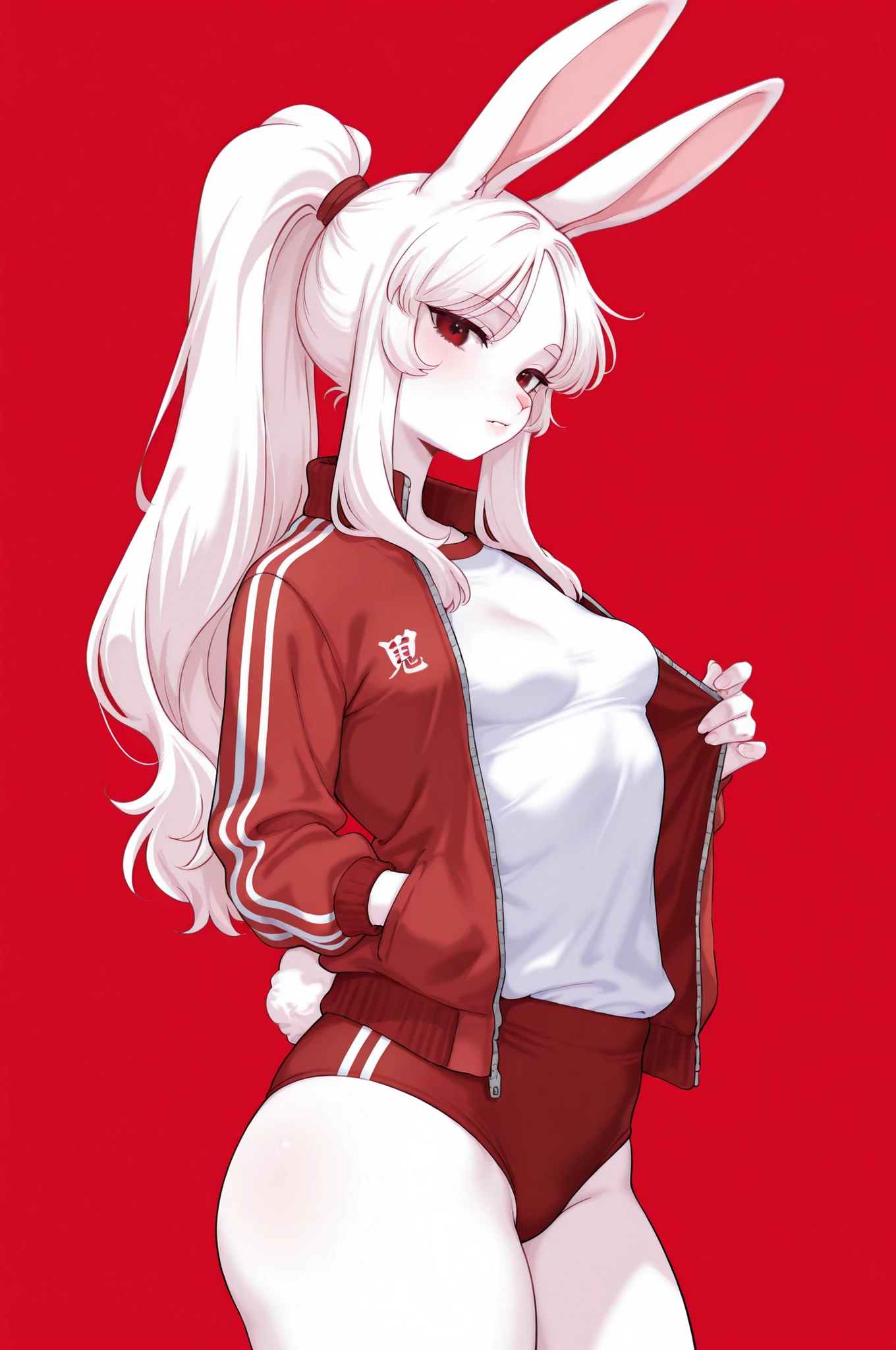 1 anthro rabbit girl, bangs, ponytail, rabbit ears, white fur skin, small breasts, white shirt, red jacket, red buruma, look at viewer, red background