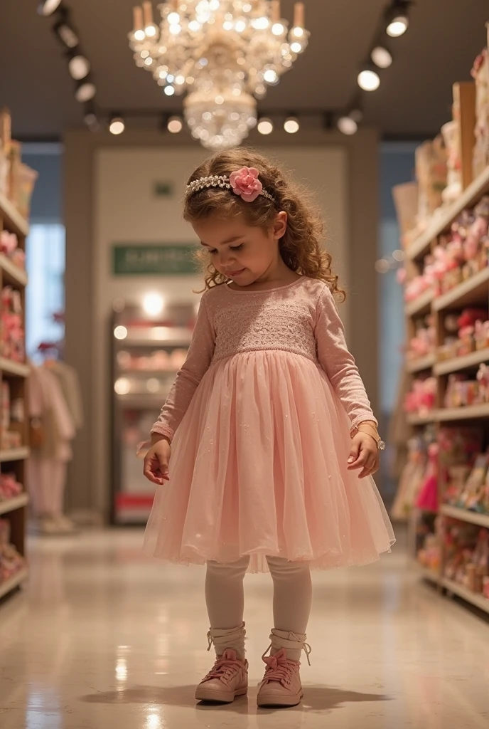 Sofia is a little girl of 6 years old, blonde, black eyes, expressive, cheerful and friendly wearing a pink dress, white sneakers.design