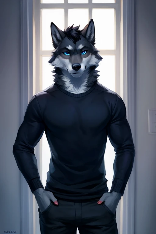 anthro, (wolf), ((black fur)), ((white hair)), dark grey body fur, standing, solo, blue eyes, ((white canine )), knot, ((white )), black pupils, photorealism ,by zaush, by ruan jia, by jay naylor, by nuzzo, by disney, by pino daeni. (4k), HD, quality, looking , black pupils, photorealism , bedroom setting, night time, (4k), HD, quality