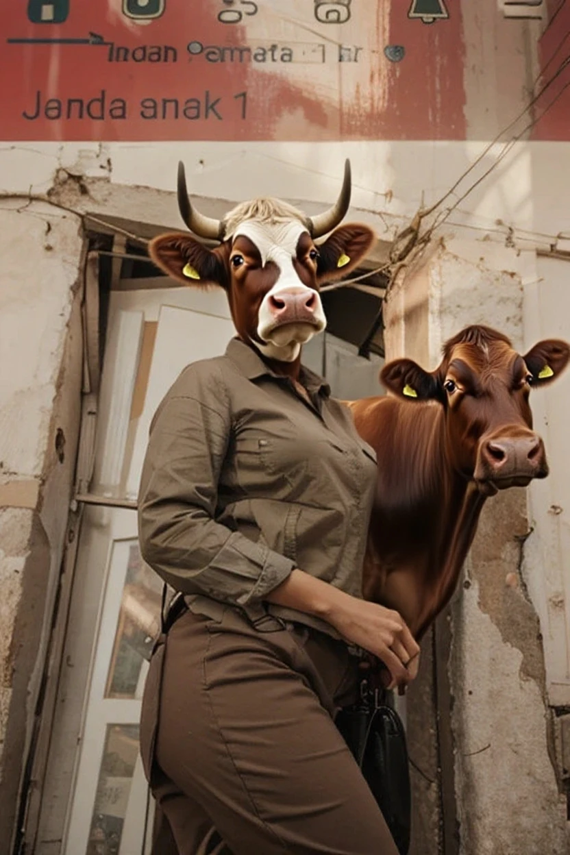 A woman with a cow head wearing a green blouse