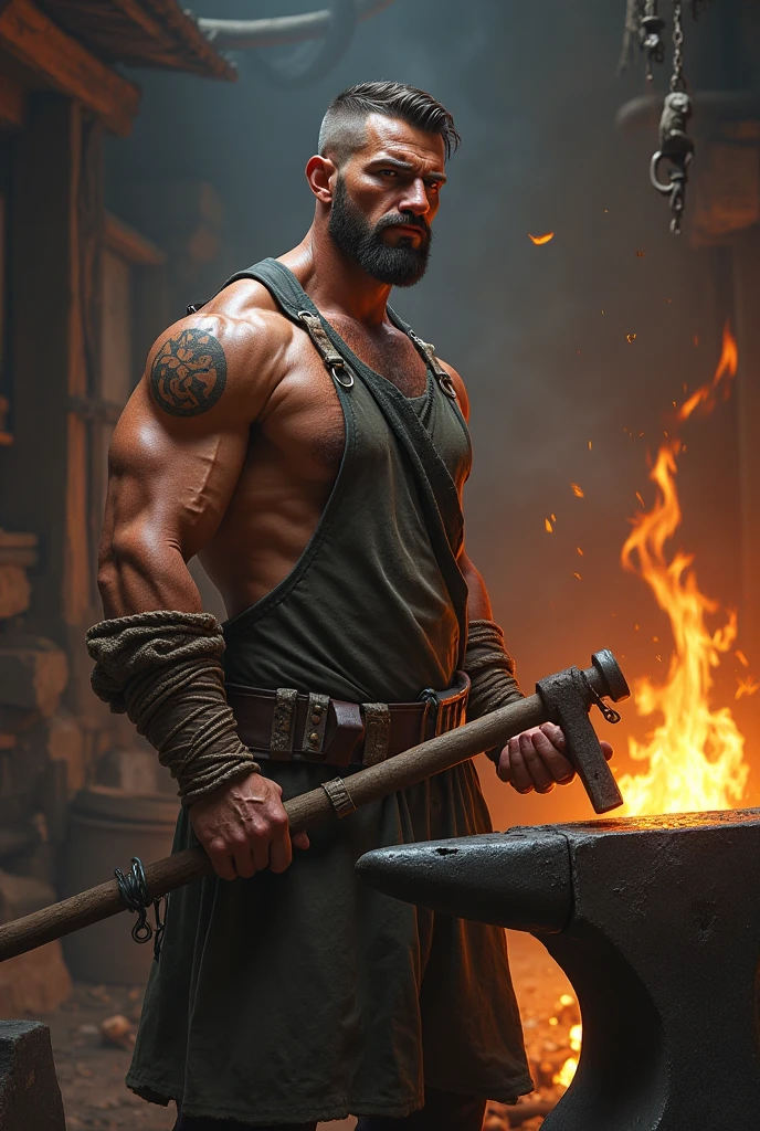 A large, muscular blacksmith、Shaved head、Brown skin、blacksmith、Perfect Body、Highest quality、High resolution、Forging a sword
