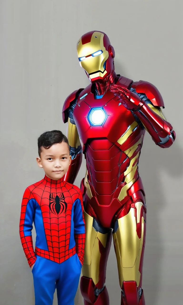 Wearing the clothes of Iron Man。