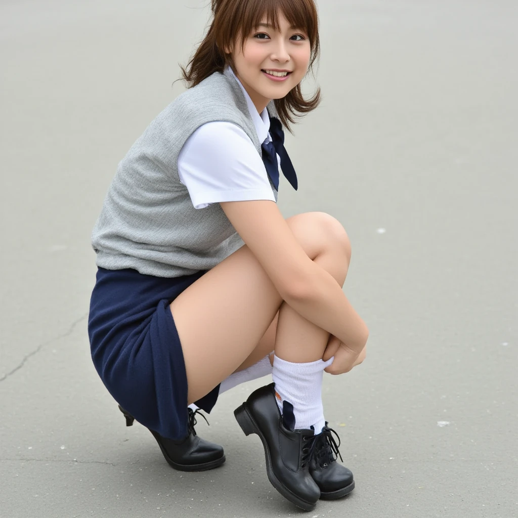 (Realistic, photo Realistic:1.2), ((Highest quality)), moving her center of gravity back, Quite embarrassing, White panties, (Showing panties:1.4),Tight Skirt, (Under the skirt:1.3), (Lift up your skirt:1.3), (squat:1.4), Put your heels on the ground, Spread your legs a little, 膝を上げてsquat, Put your butt on the ground, black penny loafers, Beautiful face details, Real human skin, Gentle expression, Front view, angle From below, Realistic, photoRealistic, cute, Short skirt, squat deep on school grounds, cute school girl, Japanese school girl uniform, Sailor suit, whole body,Smile, Natural smile, Charming smile, Captivating smile, (View your viewers:1.2), from the front, From below,
