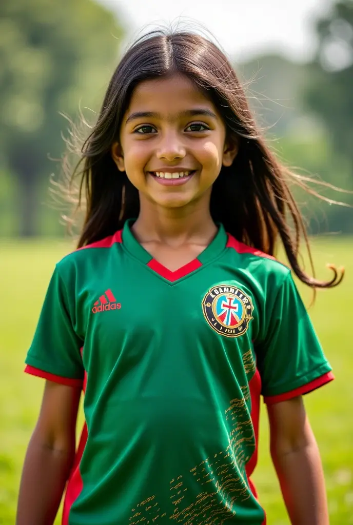 A beautiful girl with wavy black hair and pigtails,with heterochromia in the eyes and with vitiligo,with a scar on her left eye wearing a Flamengo shirt and she is 6 years old