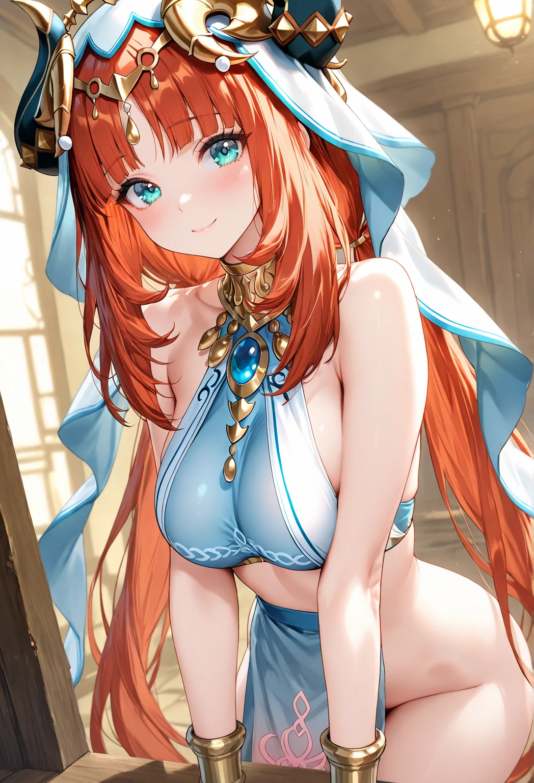 goddess relaxing on bed, large breasts, round butt, defined butt, wide hips, long legs, shiny skin, orange hair, blue eyes, hair ornaments
