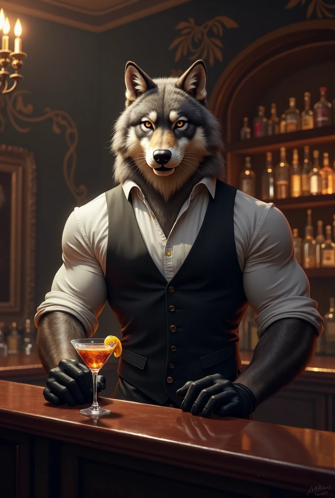 anthro, Husky wolf, Dark, cream-colored fur, wearing a shirt and pants with suspenders, in a bar in New Orleans, drinking Whiskey, smoking a cigar, looking at the camera, By mystikfox61