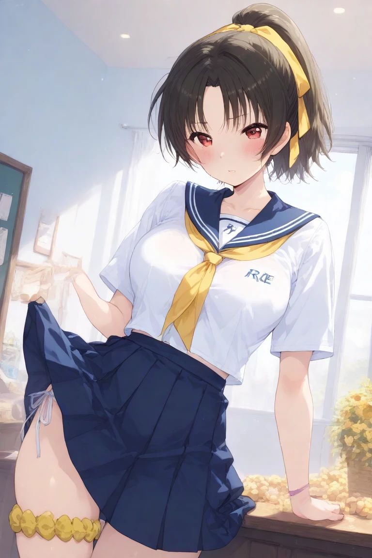 (top-quality、in 8K、32K、masterpiece、nffsw、超A high resolution、Impresionismo、Photorealsitic:1.2)、Colossal tits、cowboy shot, detailed faces and eyes、 Inside the classroom、Schools、Evening glow、beauitful face、blurry backround、16-year-old beautiful girl、shinny skin、half updo、beautiful brown hair、Blunt bangs、Brown eyes、(I closed one eye、put index finger on mouth:1.2)、a sailor suit、Pleated miniskirt、Curve、(Lifting skirt、I can see panties:1.2)、thighs thighs thighs thighs、(Navel Ejection:0.4)、dynamicposes