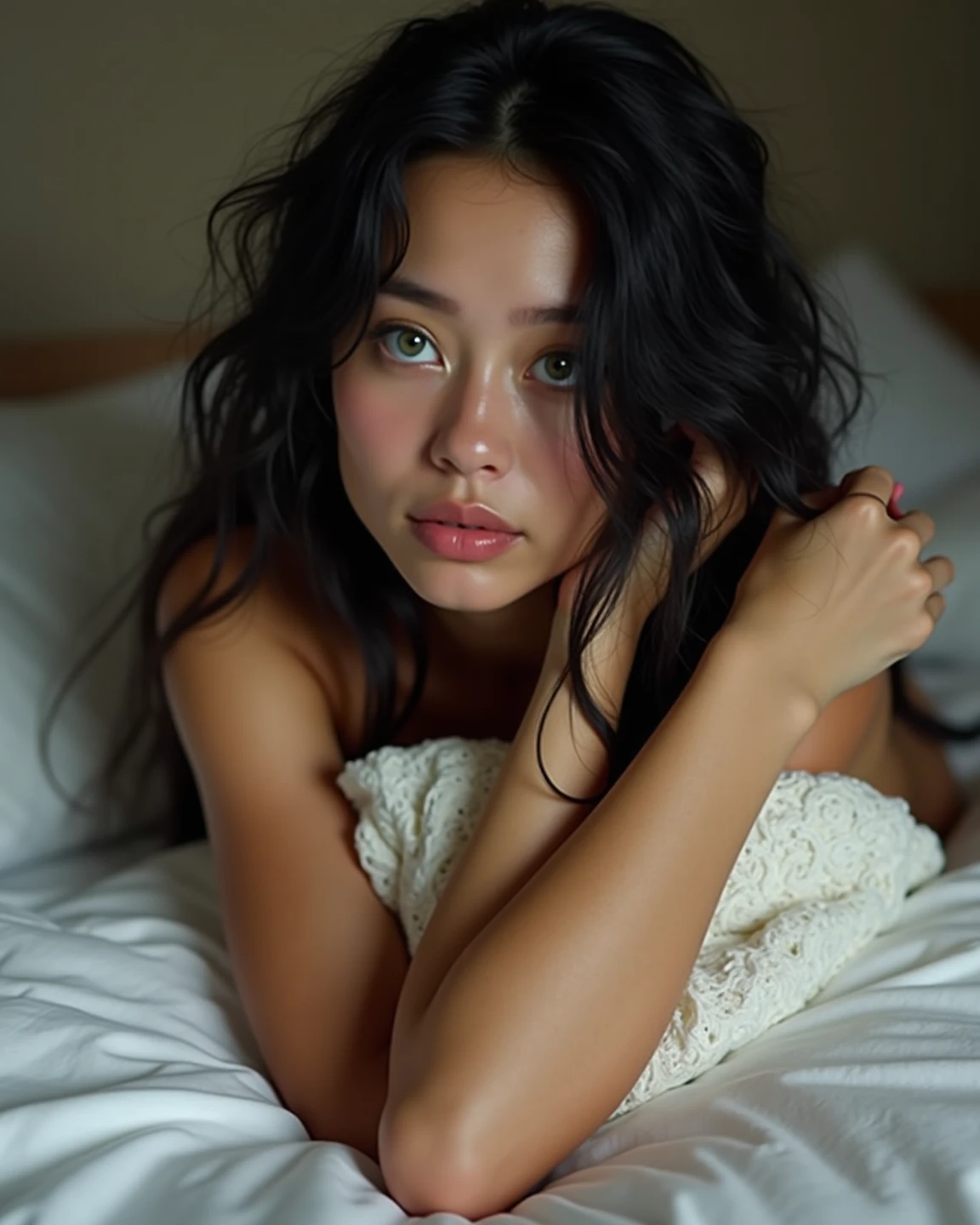 A woman with long curly black hair and light brown eyes sitting on the bed