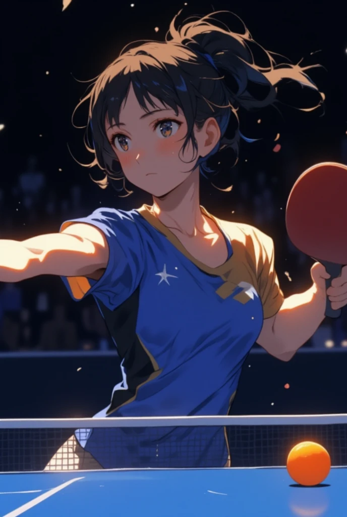 (Best Quality,8K,hight resolution,masuter piece:1.2),Ultra-detailed,Realistic:1.37,Portrait,Dynamic Angle,(Female　table tennis　player,table tennis) ,Teenage girl,small head,Cute,Sporty,Charming face,Detailed beauty face,Very realistic skin,Wet skin,Sweat,Large breasts,Narrow waist,nice legs ,Sporty,Table tennis venue　table tennis　,Cinematic lighting,
